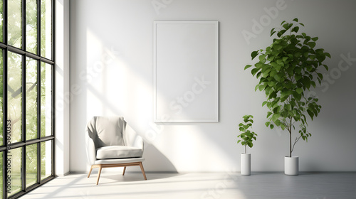 a living room with a living room chair and potted plants ,Fluffy airy dandelion with blowing seed spores over minimal living room with fabric sofa and houseplants