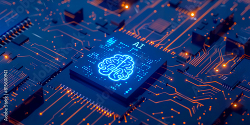 Renderizado 3D de un chip con símbolo de cerebro brillante sobre fondo de placa de circuito, concepto de tecnología IA. Texto "AI" y efecto de luz azul en una red cibernética futurista oscura.