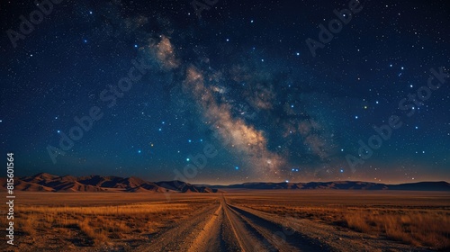 The photo shows a dirt road in the middle of a vast desert at night. The sky is full of stars and the road is lit by the moonlight.