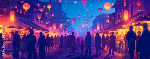 An alien bazaar bustling with activity, where traders from distant planets barter exotic goods amidst the flickering lights and bustling crowds. illustration.