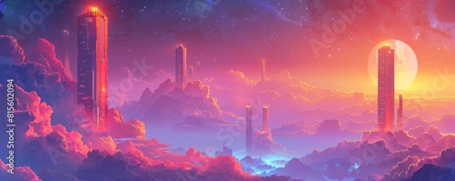 A futuristic utopia where gleaming towers pierce the clouds, their spires reaching towards the heavens in an eternal quest for progress. illustration.
