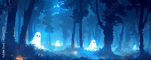 A paranormal scene set in a haunted forest, with eerie lights flickering between the trees and ghostly figures lingering in the shadows. illustration.
