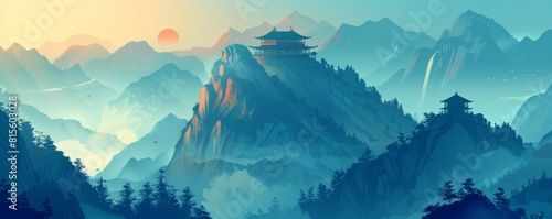 A hidden temple nestled atop a mist-shrouded mountain peak, its ancient architecture a testament to the wisdom of lost civilizations. illustration.