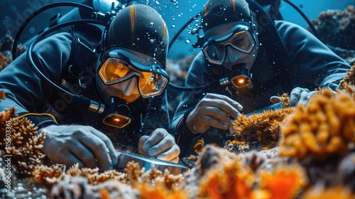 Two scuba divers explore a beautiful coral reef.