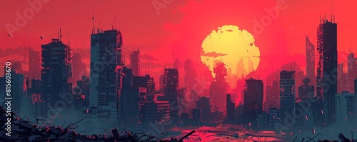 A post-apocalyptic cityscape where crumbling skyscrapers stand as monuments to a forgotten age, their shattered windows reflecting the harsh light of a dying sun. illustration.