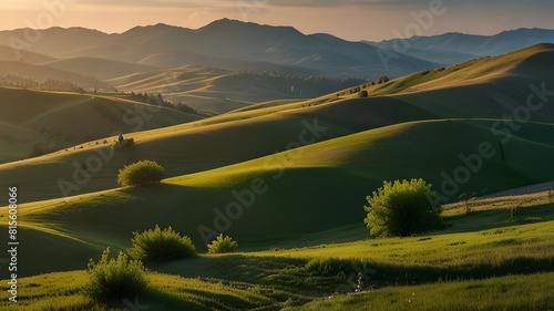 landscape with mountains view of Romania's stunning landscape. bright afternoon. Beautiful mountain scenery in the spring. undulating hills and a meadow. rural landscape.