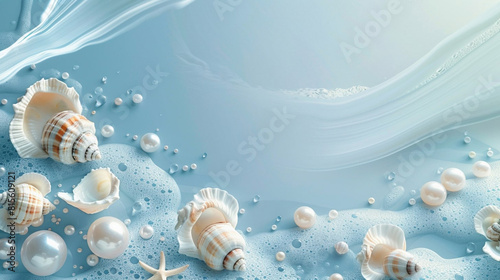 Delicate blue background with seashells and starfish with space for text