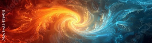 The image is an abstract painting of a fire and ice storm