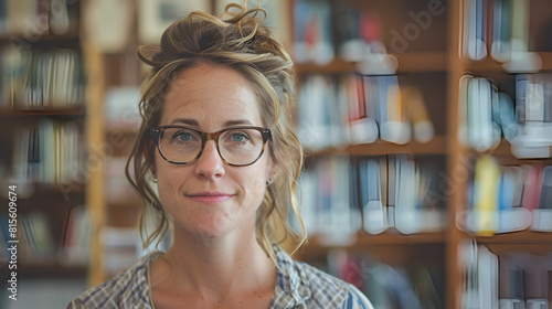 School teacher with eye glasses in good mood with classroom background, back to school, Generative AI.