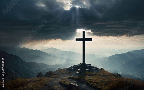 Jesus Christ cross, Christian cross on a background of dramatic sky and fog landscape