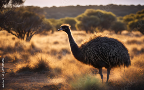 Dawn light catching the vibrant plumage of an emu in the Australian bush, adding a soft glow to its feathers