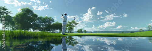 A golfer or his assistant caddie on a green field with a club and ball and plays golf. Concept: sports competitions