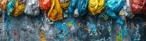 The image shows a bunch of colorful plastic bags and bottles that have been discarded as trash, which is a threat to the environment.