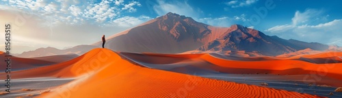 The image shows a vast desert landscape with a person standing on a sand dune in the foreground