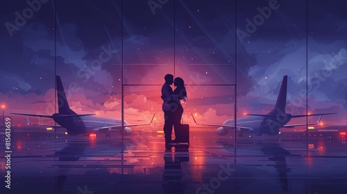 A silhouette of an African couple embracing at an airport, with planes and a vibrant sunset in the background.