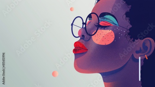 An illustrated side profile of a young person with vibrant makeup, glasses, and earrings.
