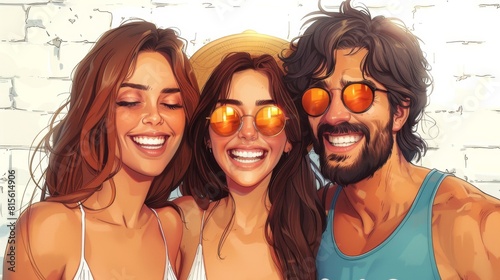 A digital illustration of three friends taking a selfie, smiling and wearing sunglasses at a cafe.
