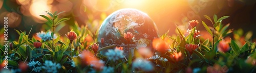 The photo shows a beautiful green planet Earth in a lush green field of flowers. The planet is glowing with a bright light. The image is very peaceful and serene.