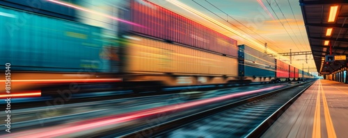 Highspeed freight train rushing past with vibrant intermodal containers