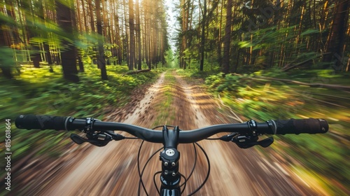 The picture shows a cyclist riding his bike through a forest
