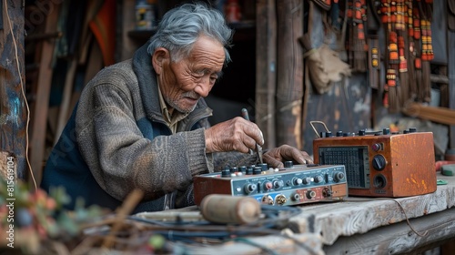 An old man is repairing a radio in his workshop