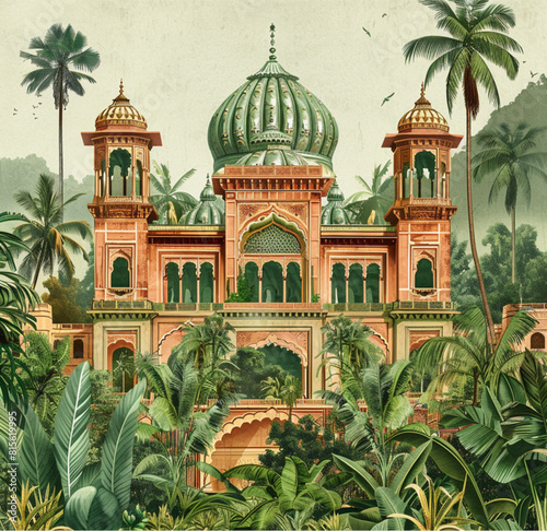  beautiful, detailed, realistic vintage illustration of an Indian palace with domes and palmettes, surrounded by lush greenery, plants and palm trees against a sky background