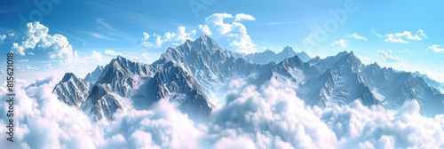 Sky Clouds Mountains. Alpine Day Banner with Snow-Capped Peaks and Blue Skies