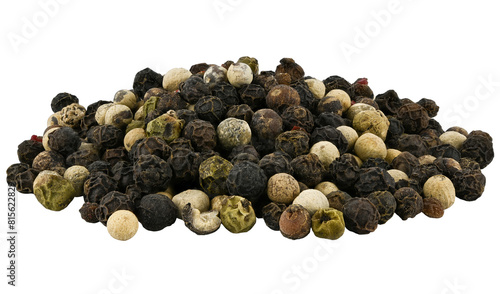 Pile mixture of four peppers seeds isolated on a transparent background. Completely in focus.