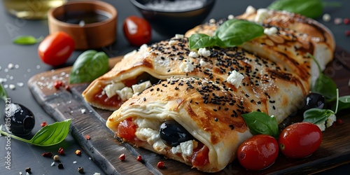 Savor a Mediterranean calzone bursting with feta olives tomatoes and basil. Concept Mediterranean Cuisine, Calzone Recipe, Feta Cheese, Olives, Tomatoes, Basil