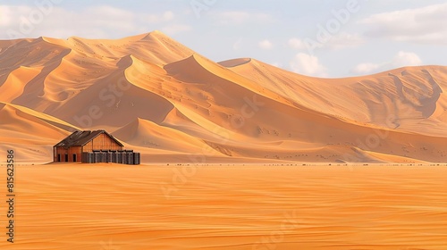 Deserted server farm in a desert, overtaken by sand dunes, symbolizing the impermanence of technology, stark and eerie
