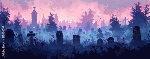 A haunted graveyard shrouded in mist, with crumbling tombstones and eerie mausoleums standing sentinel over the resting place of the departed. illustration.