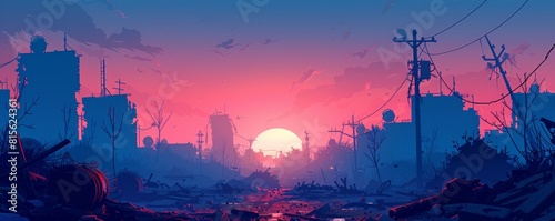 A post-apocalyptic wasteland shrouded in perpetual twilight, where twisted metal and shattered concrete are all that remain of once-great cities. illustration.