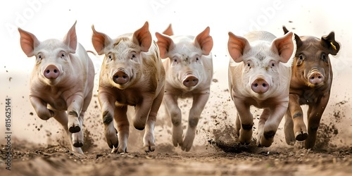 Pigs running on dirt road in a group. Concept Animals, Running, Farm life, Nature, Country life