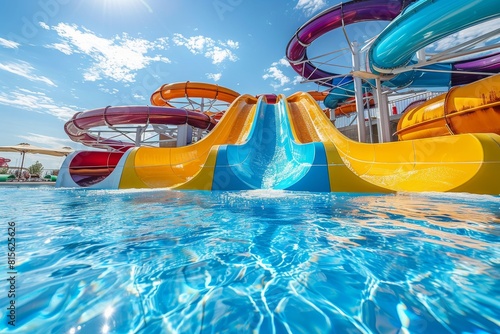 A water park with a large blue pool and several slides