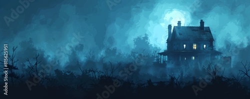 A haunted mansion engulfed in fog, with crumbling walls and shadowy corridors concealing the restless spirits that haunt its halls. illustration.