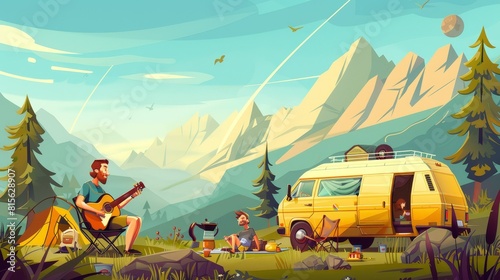 Featuring a family camping banner with tent, van, guitar player, and boy in chair. A cartoon landscape with mountains, green trees, grass, and tourists. A father and child on a picnic.
