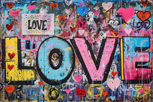 A large painting with the word LOVE written in different colors and bold letters graffiti