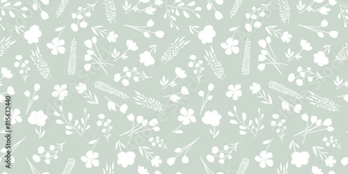 Bicolor silhouette green seamless pattern with flowers and leaves. Abstract floral spring, summer ornament. Organic background for perfume, paper, cover, fabric, interior decor.
