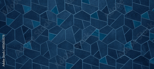Abstract colored dark blue bright geometric hexagonal hexagon mosaic cement stone concrete tile wall texture background banner