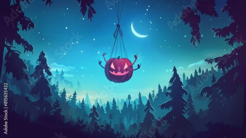 Spider on web in night forest. Funny Halloween character showing thumb up in dark wood landscape. Personage from comic books or games. Arthropod insect in nature, Cartoon modern illustration.