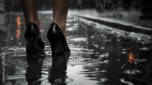 Glossy patent leather pumps, caught in the reflection of a rain-slicked pavement, symbolizing the timeless allure of urban chic and sophistication.