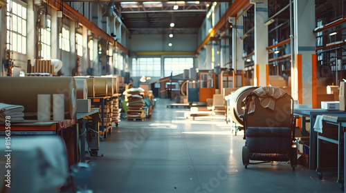 Interior of a sewing warehouse of furniture factory with equipment and materials : Generative AI