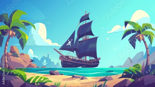 A pirate ship with black sails and jolly Roger floating on ocean waves to a tropical island with palm trees and a sandy beach.