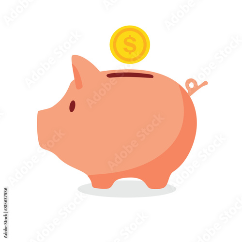 Piggy bank with falling dollar golden coin isolated on white background. Saving, investment concept