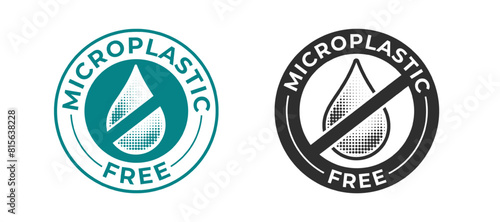 Microplastic free icons for eco friendly biodegradable package tag, vector signs. Micro plastic or microplastic free bottle label and stamp symbols with water drop