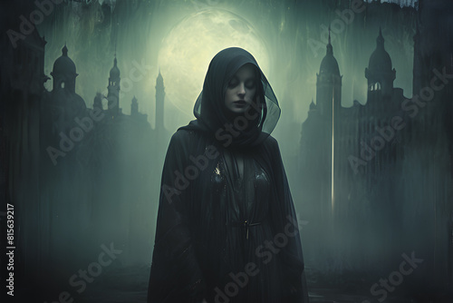 A mysterious figure in a foggy cityscape, the cityscape behind is a mixture of ancient buildings and decaying industry, with crumbling spiers and twisted metal pipes tangled in mid-air.