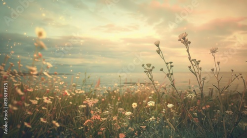 a spring field of wildflowers by the sea at dusk, vintage filter applied. 