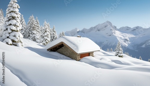 house in the snow. A cozy chalet nestled under a thick blanket of snow in the Alps, with snow-laden pines 