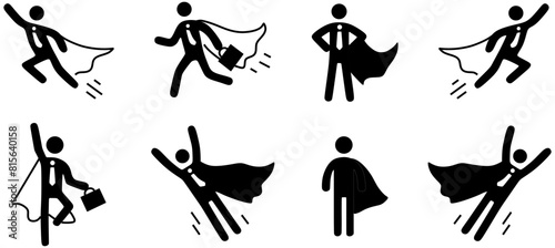 Superhero business pictogram man icon set. Superhero businessman flying outline figure. Victory worker, employer pictogram person. Vector illustration