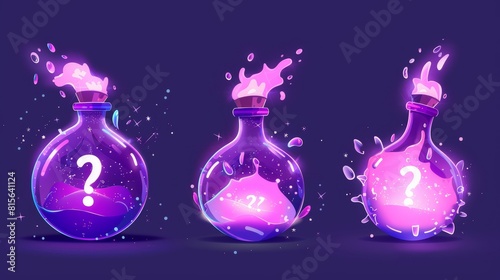 Puff cloud animation set with a potion bottle isolated on a white background. Modern cartoon illustration showing a flask of magic purple elixir, explosion or evaporating gas effect, with a question